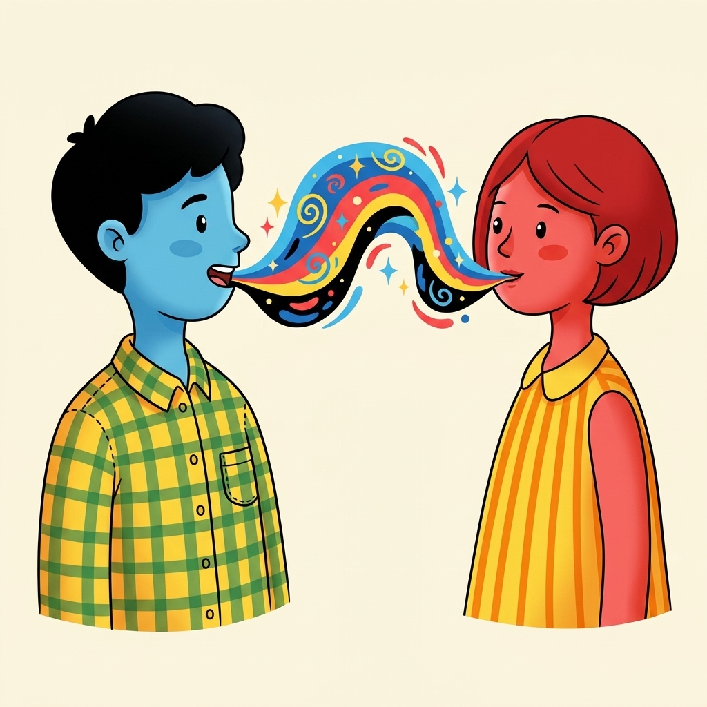 파란 얼굴과 빨간 얼굴의 두 사람이 얼룩덜룩한 말을 주고받는 그림